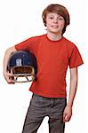 Boy with football helmet on white background