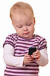 Young toddler with cell phone on white background