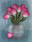 Pink tulips and willow branches in a vase and a loveheart