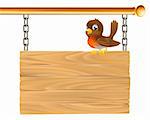 Illustration of a hanging wooden sign with a robin bird seated on it