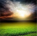 stormy dramatic sky and green field of grass with sun light passing through the clouds in the evening