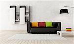 Colorful contemporary living room with black leather couch - rendering