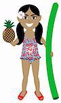 Vector of Hawaiian girl in swimsuit with Pineapple and Noodle Floatie.