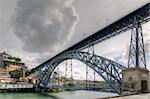 Famous steel bridge Ponte dom Luis above connects Old town Porto with Vila Nova de Gaia at river Duoro, Portugal