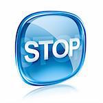 Stop icon blue glass, isolated on white background