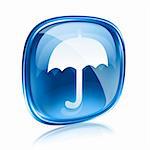 Umbrella icon blue glass, isolated on white background