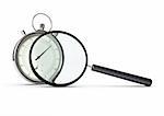 stopwatch and magnifying glass over white background, concept of performance analysis