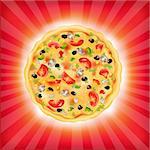 Red Sunburst Background With Pizza, Vector Illustration