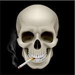 Human Skull with a cigarette. Illustration on black background