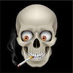 Human Skull  with eyes and cigarette. Illustration on black background