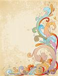 Retro vector background with waves, floral ornament and butterflies