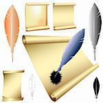 Vector illustration of the various quills and scrolls. This file is vector, can be scaled to any size without loss of quality.