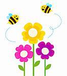 Bees flying closely colorful flowers. Vector