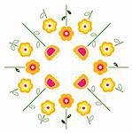 Yellow and pink flowers in circle isolated on white. Vector