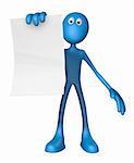 blue guy is holding blank paper sheet - 3d illustration