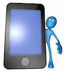 blue guy behind smartphone - 3d illustration