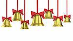 A lot of Christmas bells with red ribbons isolated on white background