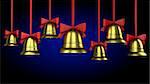 A lot of Christmas bells with red ribbons on a blue gradient background
