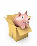 Piggy bank in a carton box, isolated on white background