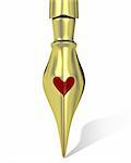 Golden ink pen nib with a heart shaped hole isolated on white background