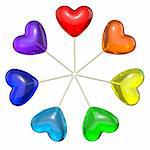 Seven heart shaped lollipops colored as rainbow, isolated on white background