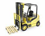 Yellow fork lift truck, with a pallet, isolated on white background