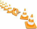 Diagonal line of traffic cones with one fallen cone, isolated on white background