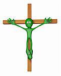 green guy nailed on wooden cross - 3d illustration