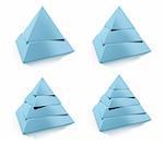 3d abstract pyramid set, two, three, four, five levels, blue tone over white background, design elements with reflection