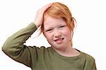 Young girl with headache on white background