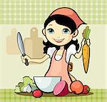 Vector illustration of a girl prepares a meal