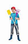 Happy boy with gardening tools and rubber boots - isolated