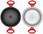Steel and Teflon pans with double silicone red handles. Vector illustration.