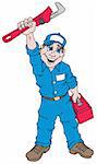 Cartoon image of a plumber  holding a plumbers wrench.