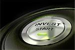 abstract invest start button, metal material, green color and black textured background. Focus on the main word and blur effect. Investment concept