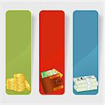 Three Business Frame with Stack of Dollar, Gold Coins and Leather Wallet with Credit Cards, vector