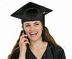 Portrait of happy graduation student woman speaking phone