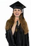 Happy graduation student woman speaking microphone