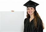 Happy graduation female student holding blank billboard