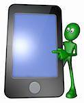 green guy behind smartphone - 3d illustration