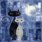 Black and white cat on blue grunge canvas