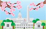 Washington DC US Capitol Building Monument Jefferson and Lincoln Memorial with Cherry Blossoms Illustration