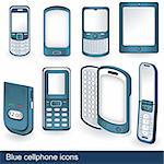 Vector collection of 8 different blue cellphone icon illustrations.