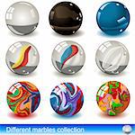 Vector collection of different marbles: glass and porcelain materia.