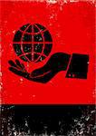 Red and black poster with hand and globe