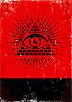 Red and black poster with pyramid and eye