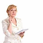 Pretty mature businesswoman with pen and notebook isolated over white
