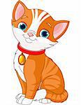 Illustration of Cute cat wearing a red collar with  gold tag.
