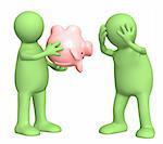 Conceptual image - financial crisis. Two puppets with empty piggy bank