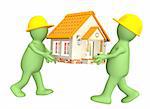 Two builders - puppets with new house. Isolated over white